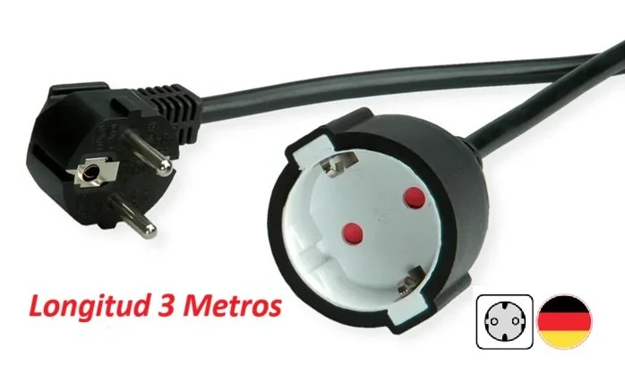Cable prolongador SCHUKO 90º macho a SCHUKO hembra 3 metros. Negro