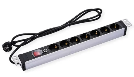 Regleta 19" 1U 7 Schuko Con Interruptor y protección sobrecarga. Aluminio Cable 2.8 mts.