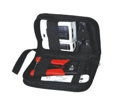 Maletín con testeador de cable de red para RJ45, RJ11, RJ12, herramienta de crimpar, pela cables y herramienta de impacto krone.