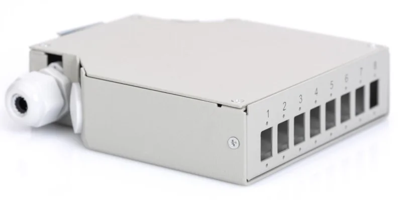 Caja fibra óptica carril DIN, 8 puertos LC duplex / 8 SC simples