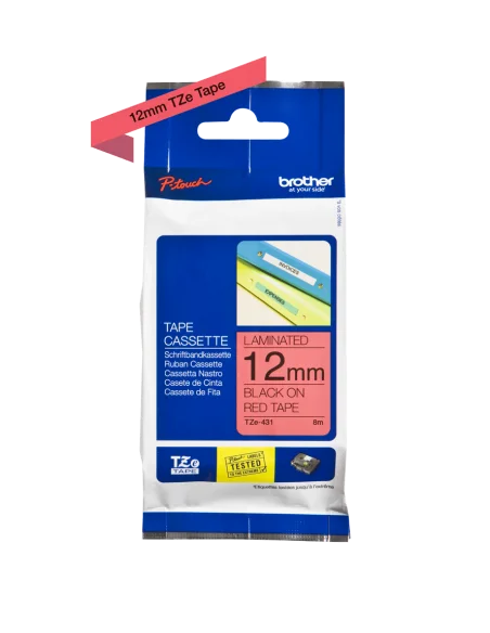 Cinta Laminada Ancho 12 mm Texto Negro Fondo Rojo