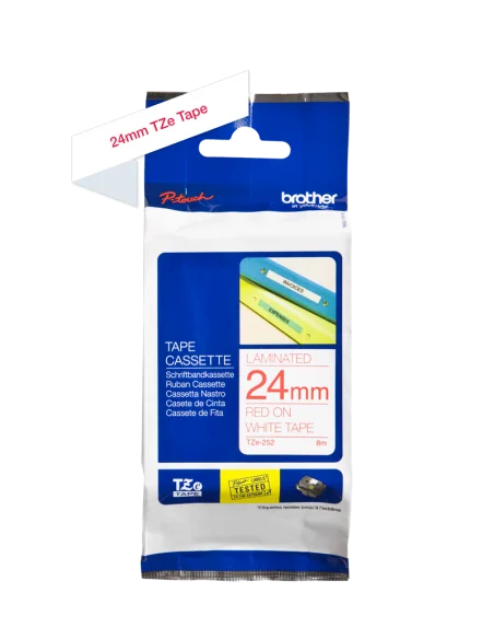 Cinta Laminada Ancho 24 mm Texto Rojo Fondo Blanco