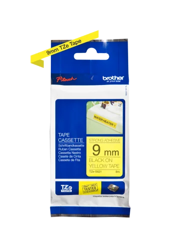 Cinta Laminada Ancho 9 mm súper adhesiva. Texto Negro Fondo Amarillo