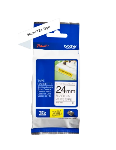 Cinta Laminada Ancho 24 mm súper adhesiva. Texto Negro Fondo Blanco