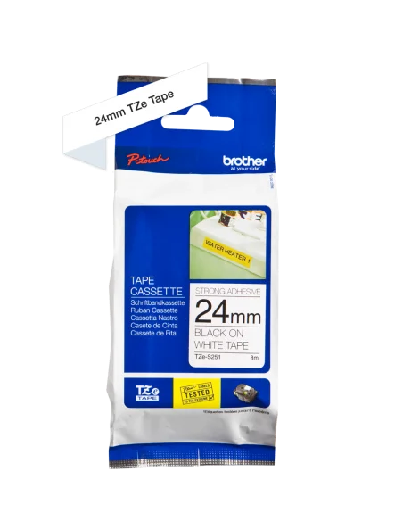 Cinta Laminada Ancho 24 mm súper adhesiva. Texto Negro Fondo Blanco