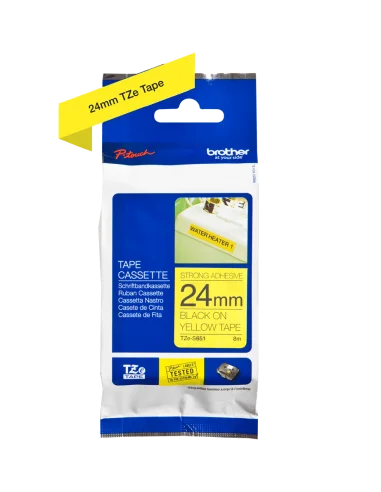 Cinta Laminada Ancho 24 mm súper adhesiva. Texto Negro Fondo Amarillo