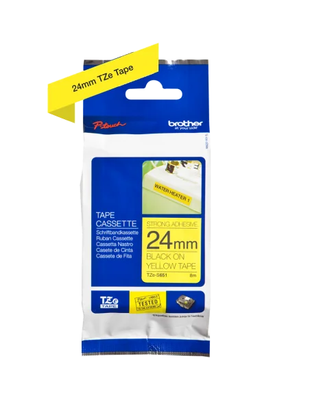 Cinta Laminada Ancho 24 mm súper adhesiva. Texto Negro Fondo Amarillo