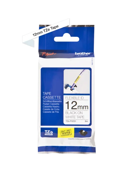 Cinta Laminada Ancho 12 mm Flexible. Texto Negro Fondo Blanco