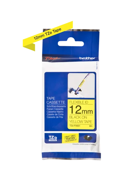 Cinta Laminada Ancho 12 mm Flexible. Texto Negro Fondo Amarillo