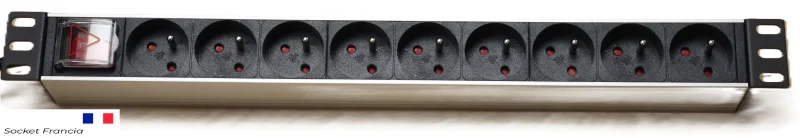 Regleta 19" 1U 9 tomas FRANCESA tipo DIN Standard con Interruptor Aluminio